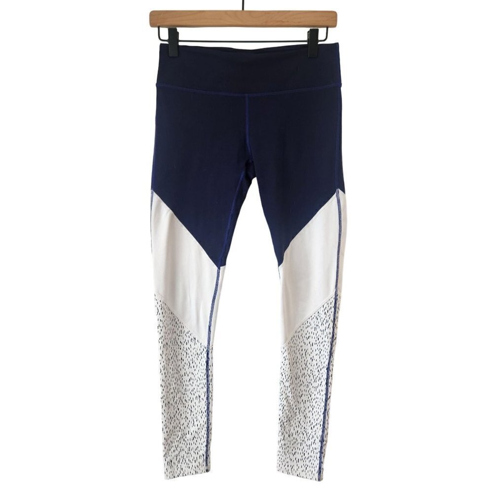 Fabletics Blue White Ankle 7/8 Leggings High Waisted Yoga Tights Activewear Sz S